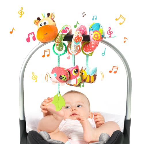 Jollybaby Crib Stroller Car Seat Toys for Baby 0-3-6-9-12 Months, Tummy Time Hanging Sensory Toys for Newborn with Music Box and Teether, Spiral Carseat Toy for Infant Boys Girls Gifts (Yellow)