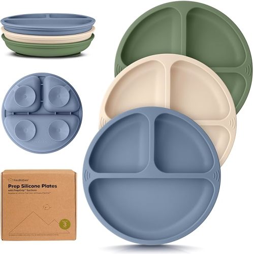 KeaBabies Suction Plates for Baby, Toddler - 3-Pack 100% Silicone Toddler Plates, Divided Baby Plates with Suction, Silicone Plates for Baby, Kids, BPA-Free, Microwave, Dishwasher Safe (Slate) - Without Lids