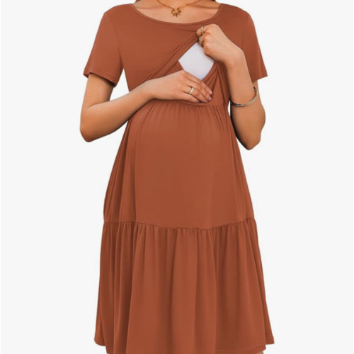 Ekouaer Nursing Dress Summer Short Sleeve Breastfeeding Casual Knee Length Maternity Dresses S-XXL