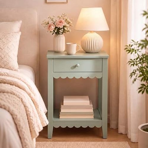 Nuanchu Scalloped Nightstands Side End Table with Drawer & Open Shelf