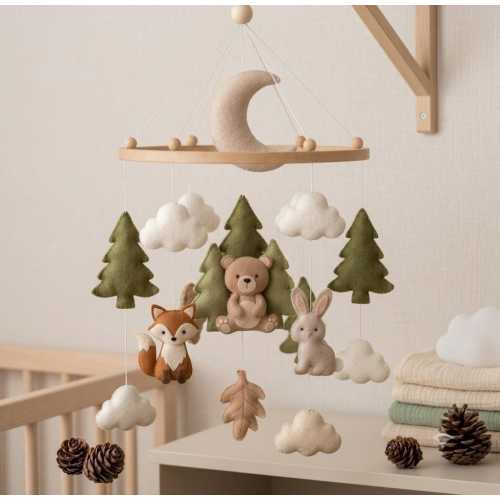 Woodland Baby Mobile, Felt Forest Crib Mobile, Bear, Fox, Bunny, Neutral Nursery Decor, Baby Boy Girl Shower Gift, Girl Dad, Boy Mom