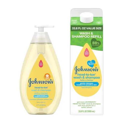 Johnson's Baby Head to Toe Bath Starter Kit, Hypoallergenic Wash & Shampoo for Sensitive Skin & Hair, 27.1 fl. Oz Bottle and 33.8 fl. Oz Value Size Refill Pack
