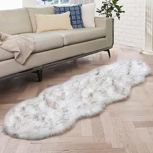 White and Grey Ultra Soft Faux Fur Shaggy Runner Rug 2x6 for Nursery Teen Room Dormitory Living Room Washable Furry Area Rug Décor