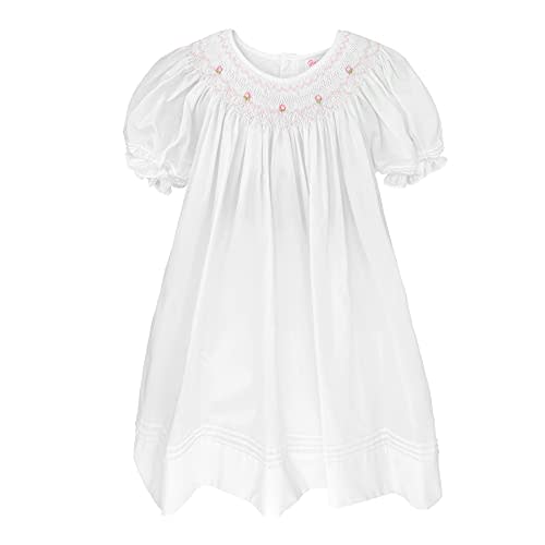 Petit Ami Baby Girls’ Daygown with Heart Smocking and Pearls, Newborn, White