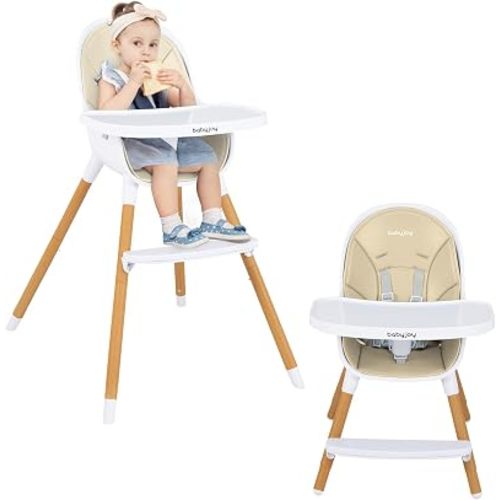 BABY JOY Convertible Baby High Chair, 3 in 1 Wooden Highchair/Booster/Chair with Removable Tray, Adjustable Legs, 5-Point Harness, PU Cushion and Footrest for Baby, Infants, Toddlers (Beige)