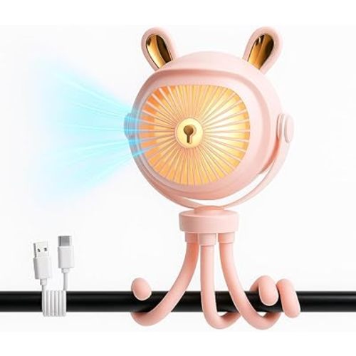 Stroller Fan for Baby with LED Light – Portable Clip-On Fan with Flexible Tripod Legs, USB Rechargeable, 3 Speeds, 120 Minutes Battery Life, Quiet Cooling for Travel, Nursery & Car Seat