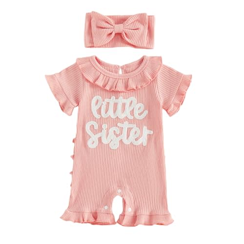 allshope Newborn Baby Girl Summer Outfit Romper Letter Embroidery Ruffle Trim Doll CollarJumpsuit Bodysuit Infant Clothes