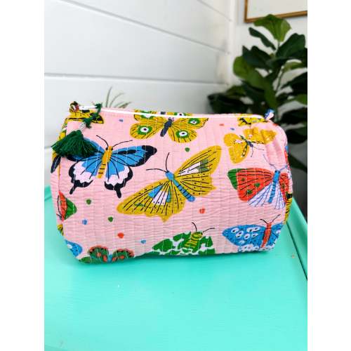 Quilted Makeup Cosmetics Toiletry Bag - Pink Butterfly Print