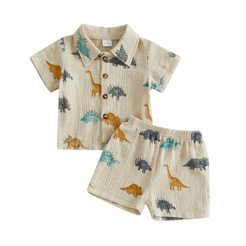 WZTYYDS Toddler Baby Boy Summer Clothes Dinosaur Shirt Shorts Set | Cotton Linen, Button Down, Short Sleeve, Collared, Sailing Boat, Beach Bus, Palm Tree, Coconut Tree, Waves,Tropical Style