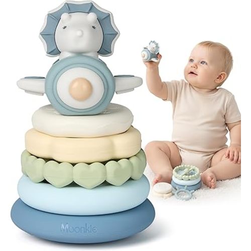 Moonkie Dinosaur Baby Stacking Toys | 7-Piece Silicone Rings for Teething Relief | Educational Toy for Infants & Toddlers 6 Months+ | Baby Shower or Birthday Gift for Boys