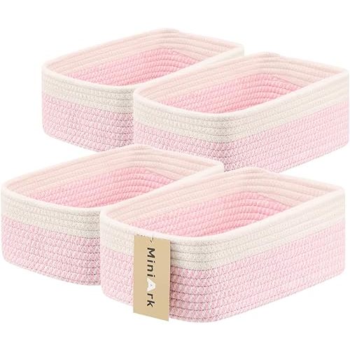 Small Storage Baskets for Organizing | Closet Organizer Bins | Shelf Toy Basket | Woven Rope Baskets | Cube Decorative Box | Shallow Basket | 11.5x7.5x4.7” | 4 Packs White Pink