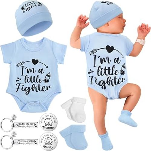 Toulite NICU Preemie Baby Gift Set I'm Little Fighter Preemie Baby Hat and Bodysuit Cotton Socks with Keychain Coin (Gray)