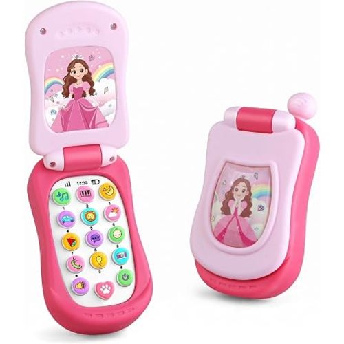 Princess Baby Toy Cell Phone, Pink Flip Design, 16 Interactive Buttons, Sounds and Lights, for Early Development, Girl Birthday Gift