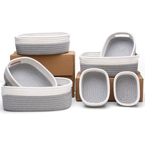 7 Piece Cotton Rope Woven Basket Set - Small Basket for Baby Nursery, Pets, Montessori, Dog & Cat Toy Boxes, Bathroom Organization Bins (White/Gray)