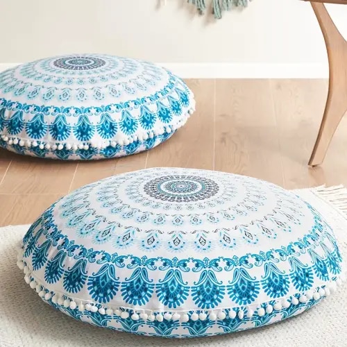 Codi Meditation Floor Pillow Set of 2, Round Large Pillows Seating for Adults, Bohemian Mandala Circle Cushion for Outdoor Fireplace Yoga Living Room, 32 Inch, Memory Foam Added, Aqua