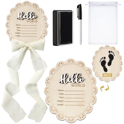 Threehoney Baby Announcement Sign 7 Inch Double Side Wood Hello World Newborn Sign with Organza Bag Marker Pen Ink Pad Ribbon Bow for Baby Shower Hand Footprint Photo Prop(Classic,White Bow)