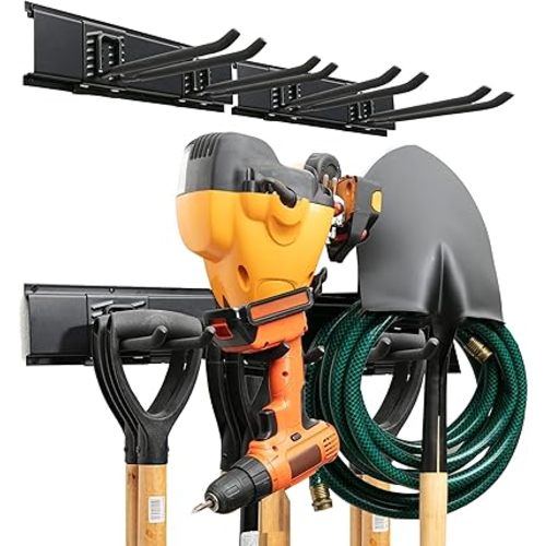TIDYME Garage Tool Organizer Wall Mount - 32 inches - Sturdy Storage Rack with Adjustable Hooks, Anti-Rust - Easy Installation, 200lbs Capacity - Garden Tool Organizer (02 Racks & 04 Hooks)