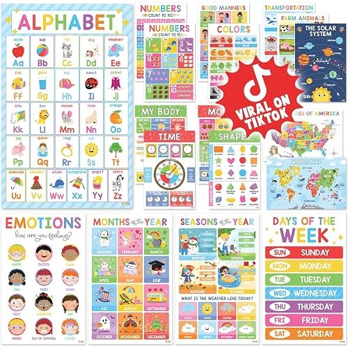 BEAWART 18 Laminated Educational Posters For Toddlers, Preschool Posters for Classroom, Kindergarten Wall Decor, PreK Learning Materials Alphabet Number Chart