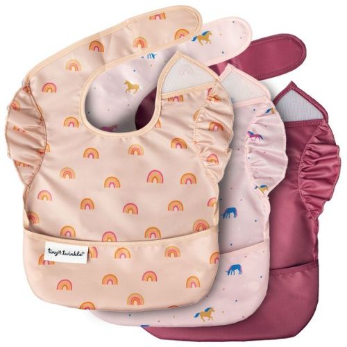 Tiny Twinkle Mess-Proof and Waterproof Baby Food Bib for Boys or Girls, Machine Washable and BPA-Free w/Adjustable Closure (3-Pack, Boho, Unicorn)
