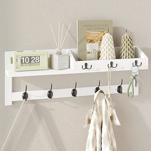 AMBIRD 26.57-Inch Wall Hanging Shelf With Coat Hooks - Entryway Wood Rack With 5 Dual Hooks, 3 Key Hooks, Mail Organizer and Key Holder (White)