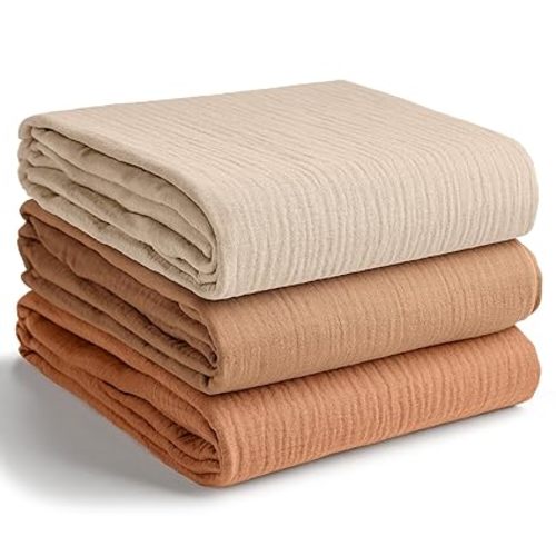 Comfy Cubs Muslin Swaddle Blankets Pack of 3, 42 x 42 Inch Soft 100% Cotton Baby Blanket Set, Large Wraps for Newborns - Self-Soothing Swaddles for Newborns - Sand, Cedar, Caramel