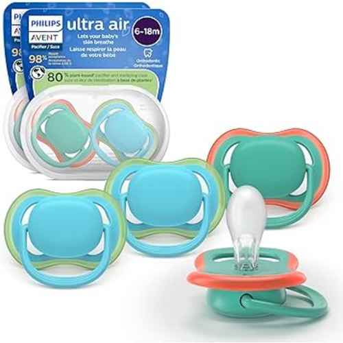 Philips Avent Ultra Air Pacifiers - Orthodontic Design, for Babies 6-18 Months, Soft Silicone Symmetrical Nipple, BPA-Free, 2 Sterilizing Cases, 4 Pack, SCF087/24