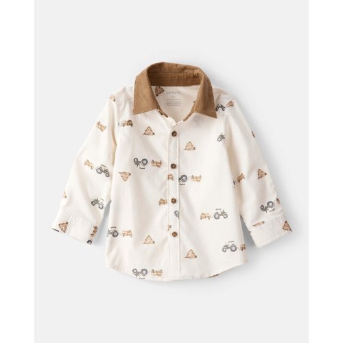 Baby Boy Tractor Print Cotton Long-Sleeve Button Down Shirt - White - Carter's | Carter's
