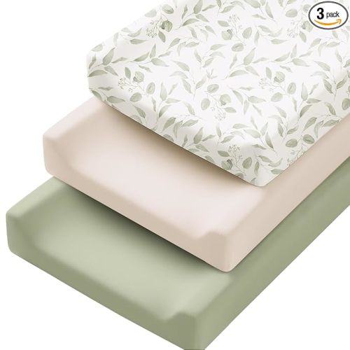 Konssy 3 Pack Stretchy Changing Pad Covers for Girl, Boy, Silky Soft Changing Table Cover, Breathable Baby Nursery Diaper Chang Pad Sheets (Green Leaves)