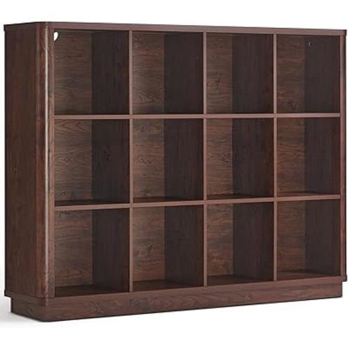 12 Cube Storage Organizer, 41" Large Bookshelf with Curved Edge, Wood Floor Standing 3-Tier Cubby Bookcase w/Base, Vintage Display Storage Cabinet, Book Case for Living Room, Office, Walnut