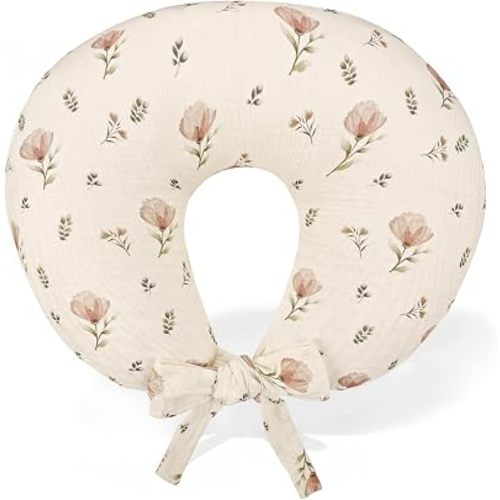 SWESEN Muslin Nursing Pillow Covers, Ultra Soft Cotton Nursing Cover for Breastfeeding Pillows, Extended Adjustable Strap, Hidden Zipper, Floral