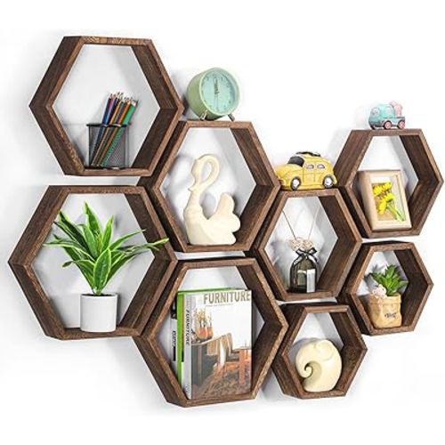 Hexagon Floating Shelves Set of 8 Wood Hexagonal Shelves Brown Wall Decor and Storage Racks for Living Room Floating Honeycomb Plants Shelf Farmhouse Wall Hexagon Hanging Shelf for Bedroom Home