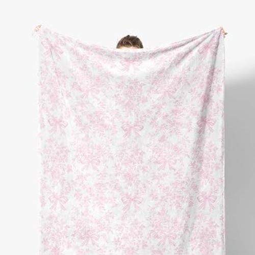 Coquette Bow Floral Blanket, Pink and White Chinoiserie Flower Decorative Throw Blanket for Couch Bed Sofa, Grandmillennial Throw Blankets for Living Room Bedroom Decor, 50x60 Inches