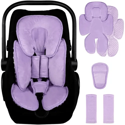 2 in 1 Infant Car Seat Insert Head and Body Support Set, Reversible Newborn Insert for Carseat with 3 Extra Strap Paddings, Soft Stroller Cushion Pillow Insert Girls, Fits for Stroller, Swing, Purple