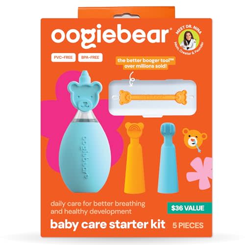 oogiebear Baby Care Starter Kit, 5-Piece All-in-One Set Includes Nasal Bulb Aspirator, Booger Picker w/ Case, Tongue Scraper & Finger Brush