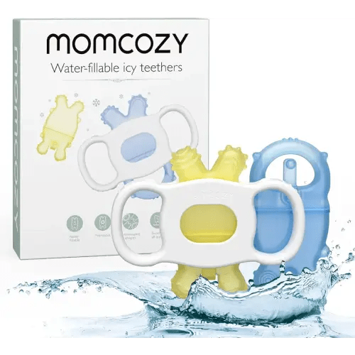 Momcozy Baby Teether Toys, Water Fillable Silicone Cold Teether, Baby Teething Toys Chill Teether, Baby Toys for Teething Relief 0-12 Months, Blue and Yellow 2 Pcs