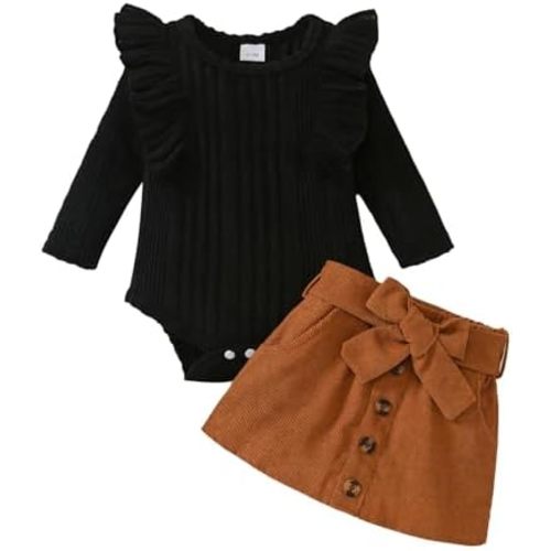 Newborn Baby Girl Plaid Outfits Long Sleeves Knit Ribbed Romper Plaid Belt Skirt Set Fall Winter Clothes 0-18M