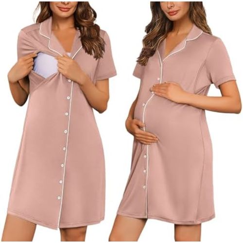 Ekouaer Button Down Nursing Nightgown V Neck Breastfeeding Dress Short Sleeve Classic Maternity Pajamas