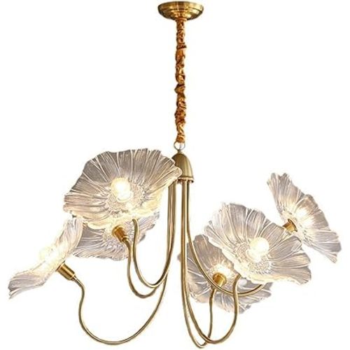 Modern Nordic Chandeliers with 6-Lights,Lotus Leaf Glass Pendant Lights Fixtures Hanging Lamp,French Classic Floral Pendant Lighting for Living Room Dining Room Bedroom (Clear)
