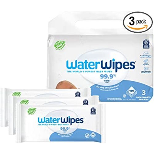 Amazon.com: WaterWipes Plastic-Free Original 99.9% Water Based Wipes, Unscented & Hypoallergenic for Sensitive Skin, 180 Count (3 packs), Packaging May Vary : Health & Household