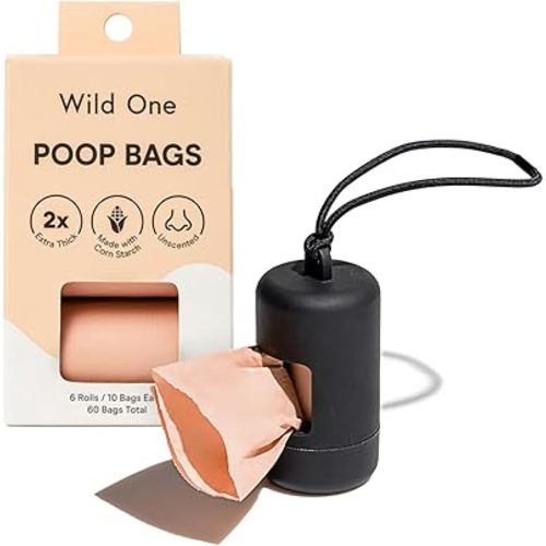 Wild One Dog Poop Bag Holder and Dispenser with Leash Attachment, Leak Proof, Easy Twist Top for Refills, Includes 1 Box Of Bags, Black