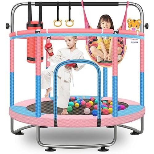 60" Toddler Trampoline for Kids, 5FT Adjustable Trampoline Indoor Outdoor with Enclosur Net, Mini Trampoline for Kids 3-10, 880lbs Capacity, Adjustable Gymnastics Bar, Basketball Hoop, Swing