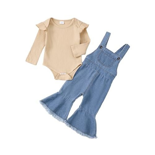 SUNNY PIGGY Baby Girl Newborn Clothes Infant Toddler Outfits Flare Jeans Overall Pant Set Fall Winter 0-4T