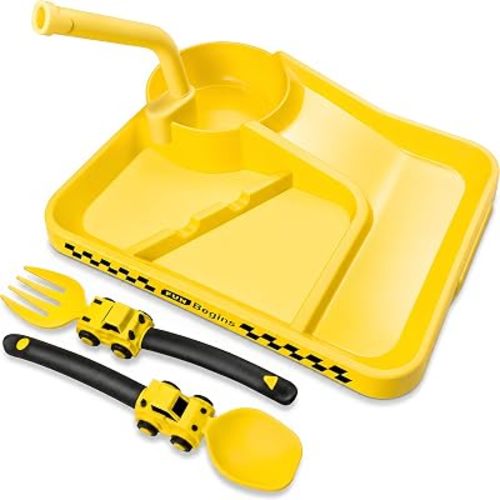 Deinyi Fun Construction Toddler Plates & Utensils - Divided Non-Tip Plate