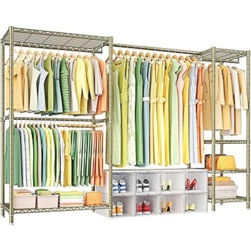 Ulif E10 Clothes Rack(With Stretchable Hanger Rod)Freestanding Clothing Racks for Hanging Clothes,Adjustable Closet Organizer System,Portable Garment Rack 73-97"W x 15" D x 72" H,Max Load 800LBS,Gold