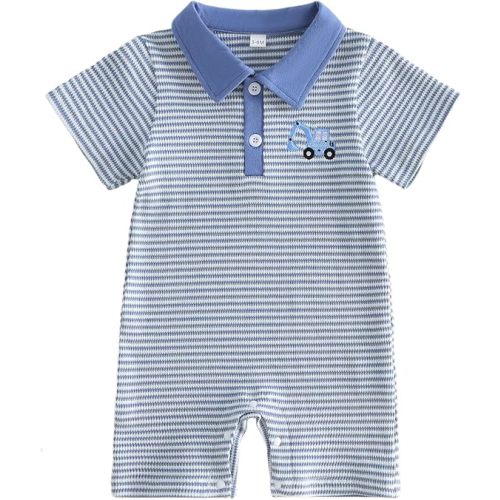 Baby Boy Summer Outfit Short Sleeve Embroidery Collared Romper Lapel Button Striped Bodysuit Jumpsuit Clothes