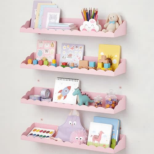 4 Pack Pink Scalloped Nursery Book Shelves for Wall 17 Inch Room Floating Pink Scalloped Nursery Bookshelves Wall Mounted Shelf for Room Bedroom Playroom Decor, Metal Material