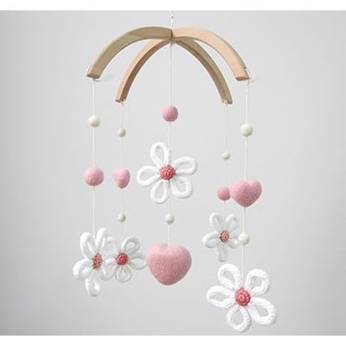 Pink Baby Girl Crib Mobile | Handmade Crochet Flower & Felt Heart Nursery Decor for Crib & Bassinet | Wooden Hanging Toy for Girls Room