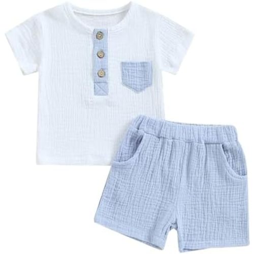 fhutpw Baby Boy Summer Outfits Henley Shirt Soft Pocket Short Sleeve Tops & Shorts Sets Infant 3 6 12 18 Months 2T Clothes