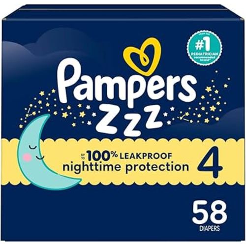 Pampers ZZZ Overnight Diapers, Size 4 (22-37 lbs), 58 Count, Nighttime Protection Disposable Baby Diaper, Night Time Leak and Skin Protection