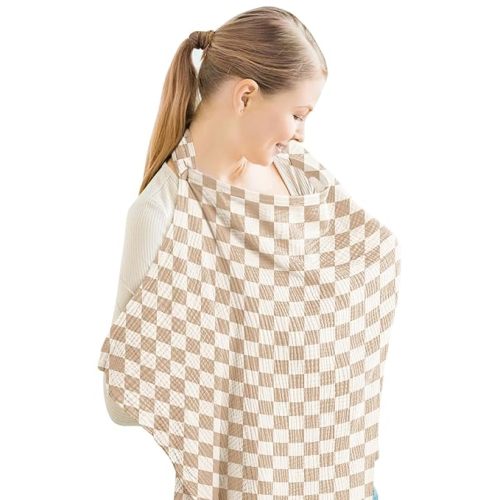 Konssy Muslin Nursing Cover for Baby Breastfeeding, Breathable 100% Cotton Breastfeeding Cover with Rigid Hoop for Mother Nursing Apron, Multi-use Carseat Canopy (Coffee Check)